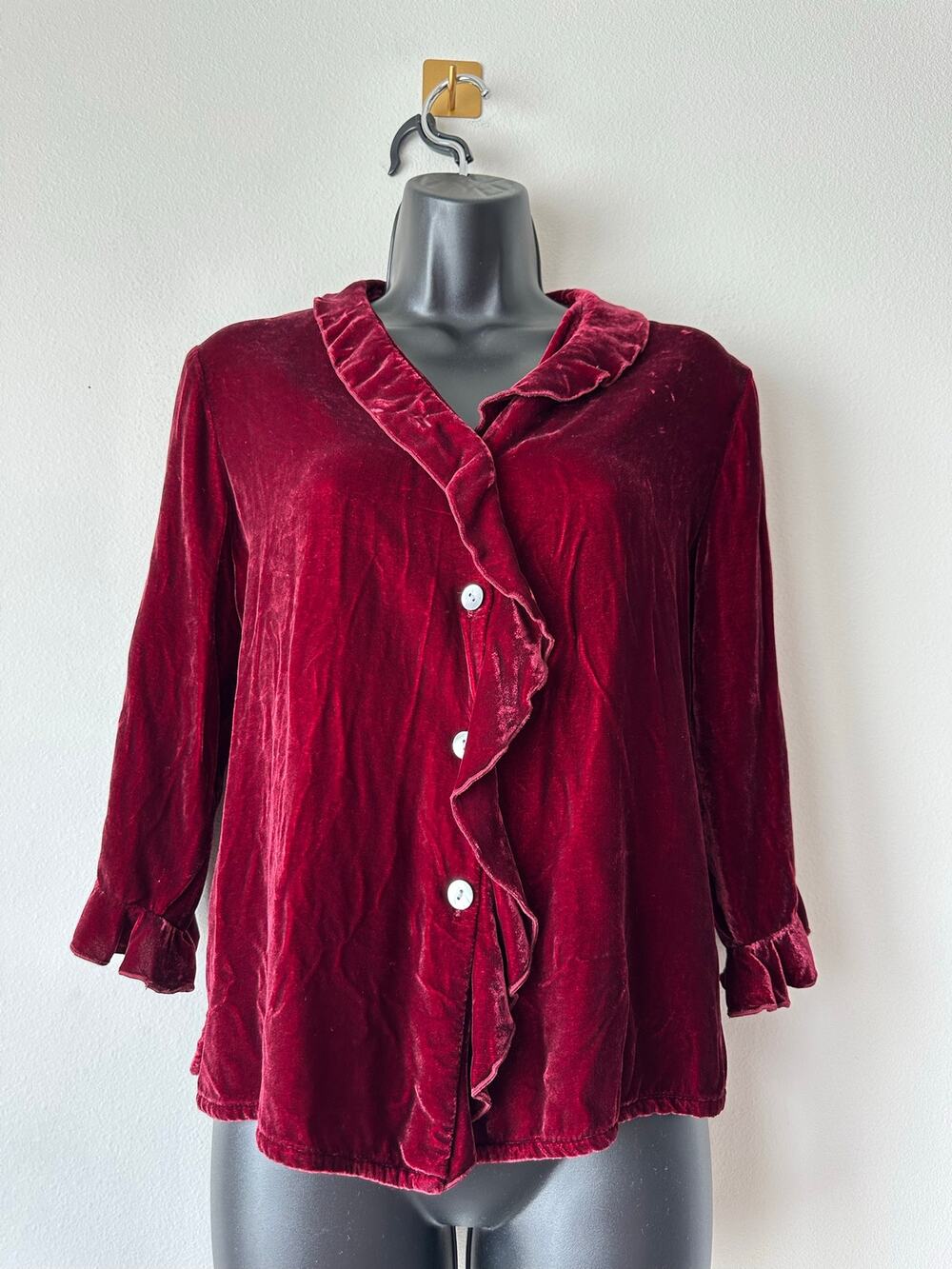 Vintage Y2k Cindy Bari Burgundy Silk Velvet Ruffle Blouse Romantic Boho Size M